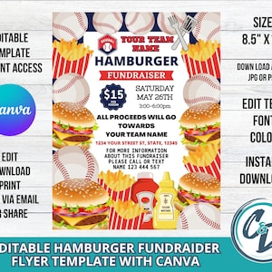 Baseball Hamburger Fundraiser Flyer Printable Baseball Hamburger Fundraiser Canva Editable Template School Fundraiser Digital Download