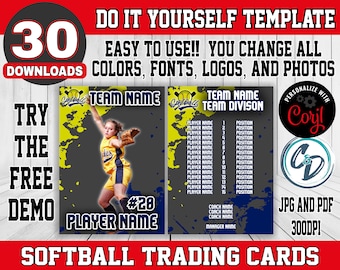 Customizable Softball Card Template - Editable Sports Card Design, Corjl Editable Softball Card Template, Custom Softball Trading Card