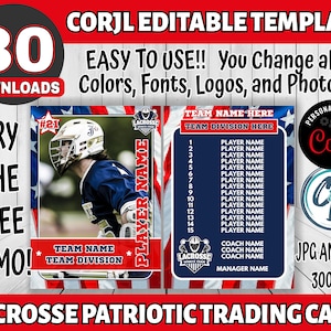 Aanpasbare Lacrosse-kaartsjabloon - Bewerkbaar sportkaartontwerp, Corjl bewerkbare Lacrosse-kaart Patriottisch, Aangepaste Lacrosse-ruilkaart