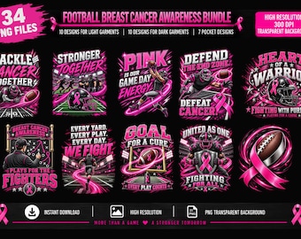 Football Breast Cancer Awareness PNG Bundle, Pink Ribbon Football Designs, DTF Sublimation PNG