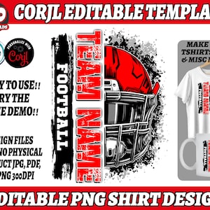 以下が含まれることがあります： 「TEAM NAME」と「FOOTBALL」のテキストが入った赤と黒のフットボールヘルメットを特徴とする、編集可能なグラフィックデザインテンプレート。このデザインは、カスタムTシャツ、マグカップ、その他の商品を作成するのに最適です。