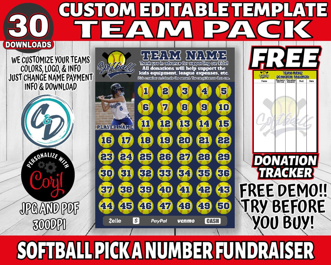 Corjl Editable Softball Pick a Number Fundraiser, Softball Team Pack 30