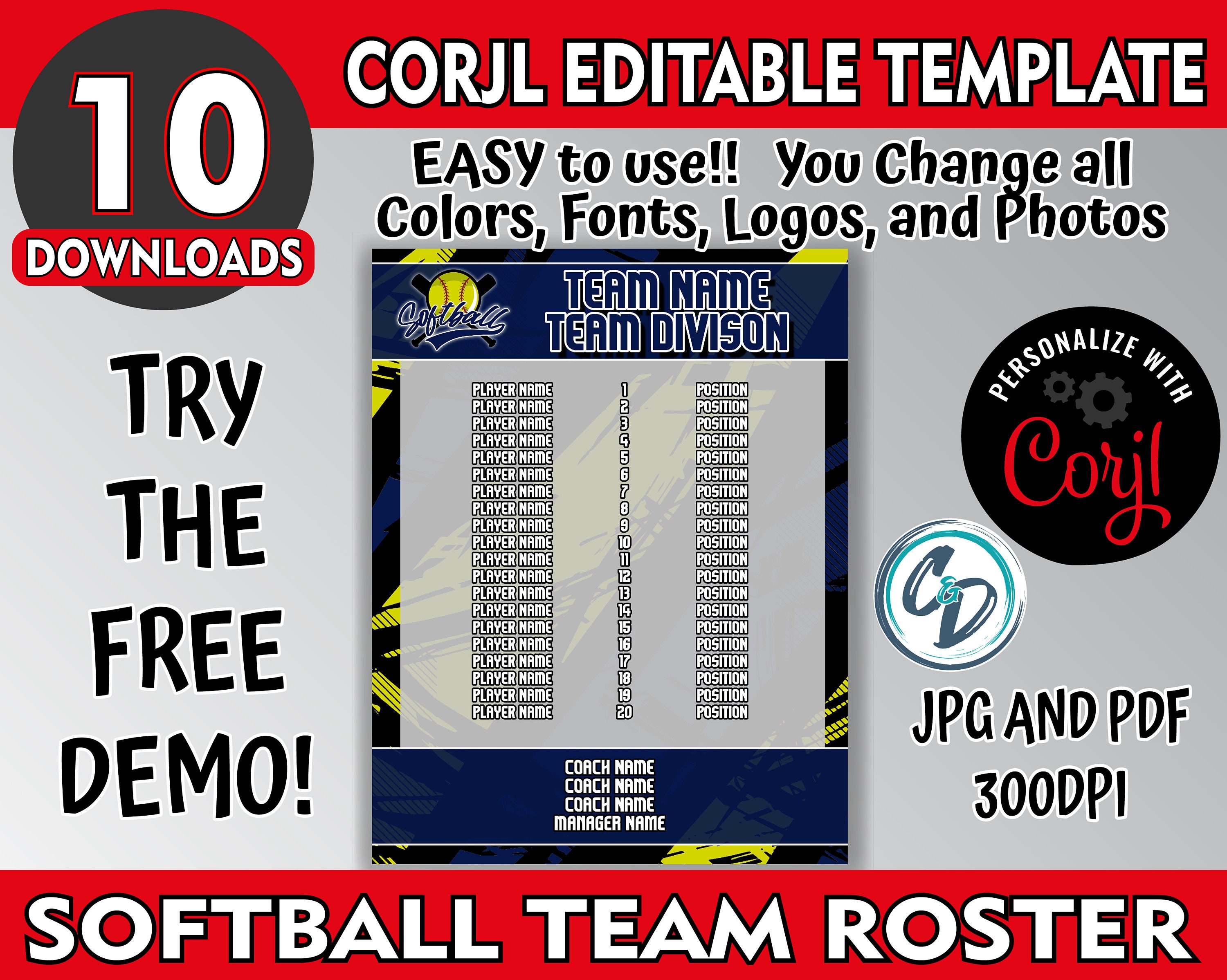 Customizable Softball Roster Template, Editable Sports Roster Design ...