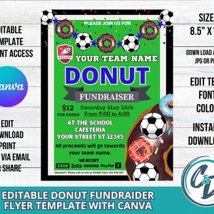 Soccer Donut Fundraiser Flyer Printable Soccer Donut Party Fundraiser Canva Editable Template School Fundraiser Event Digital Download