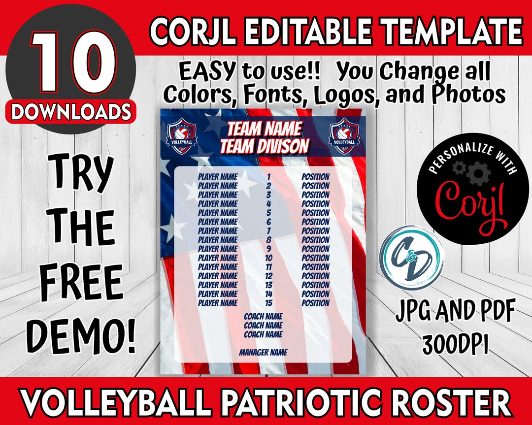 Customizable Volleyball Roster Template, Editable Sports Roster
