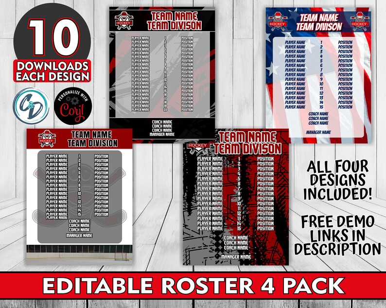 Customizable Hockey Roster Template Pack , 4 Designs Included, Corjl ...