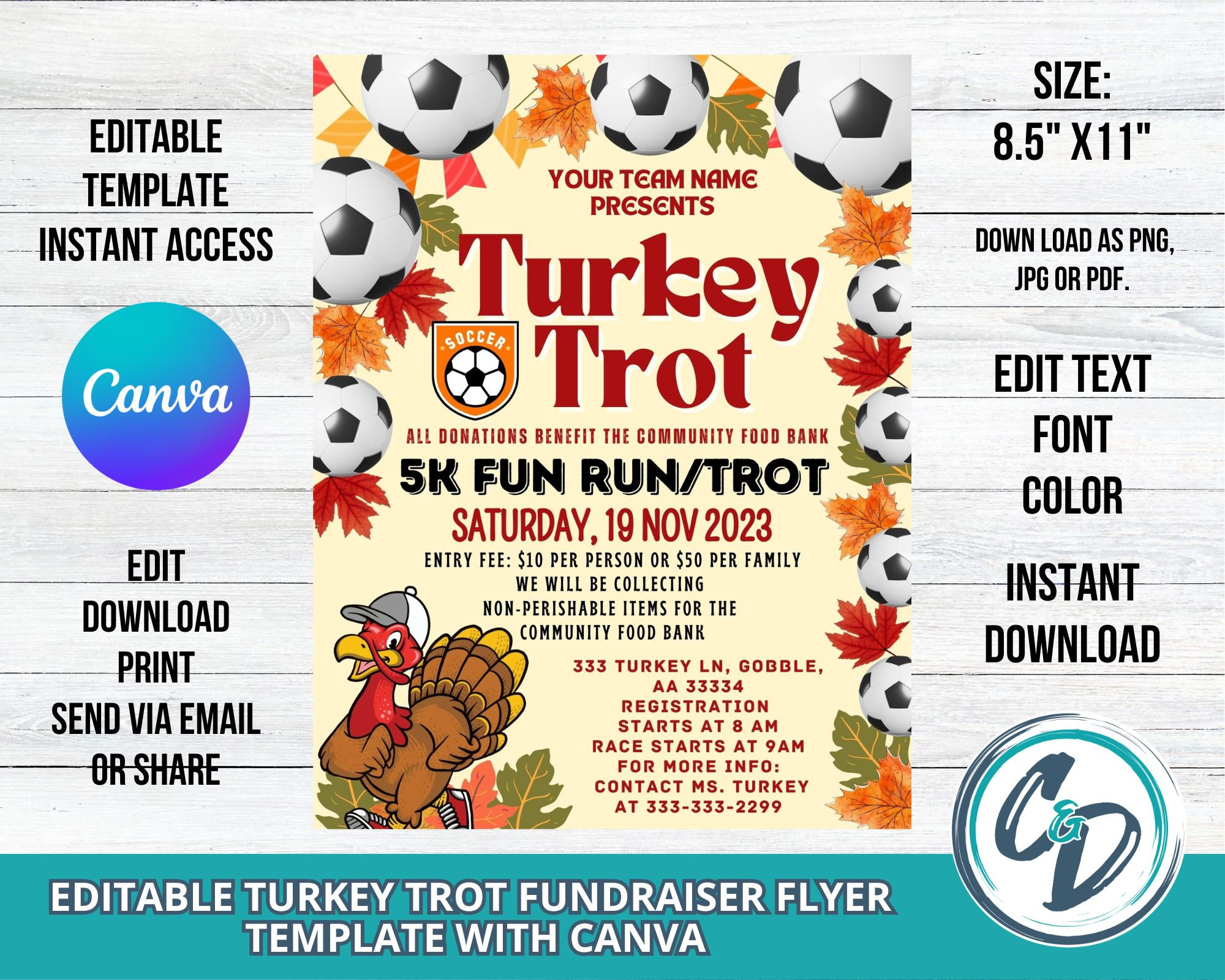 Soccer Turkey Trot Fundraiser Flyer Printable Soccer Thanksgiving Fall ...