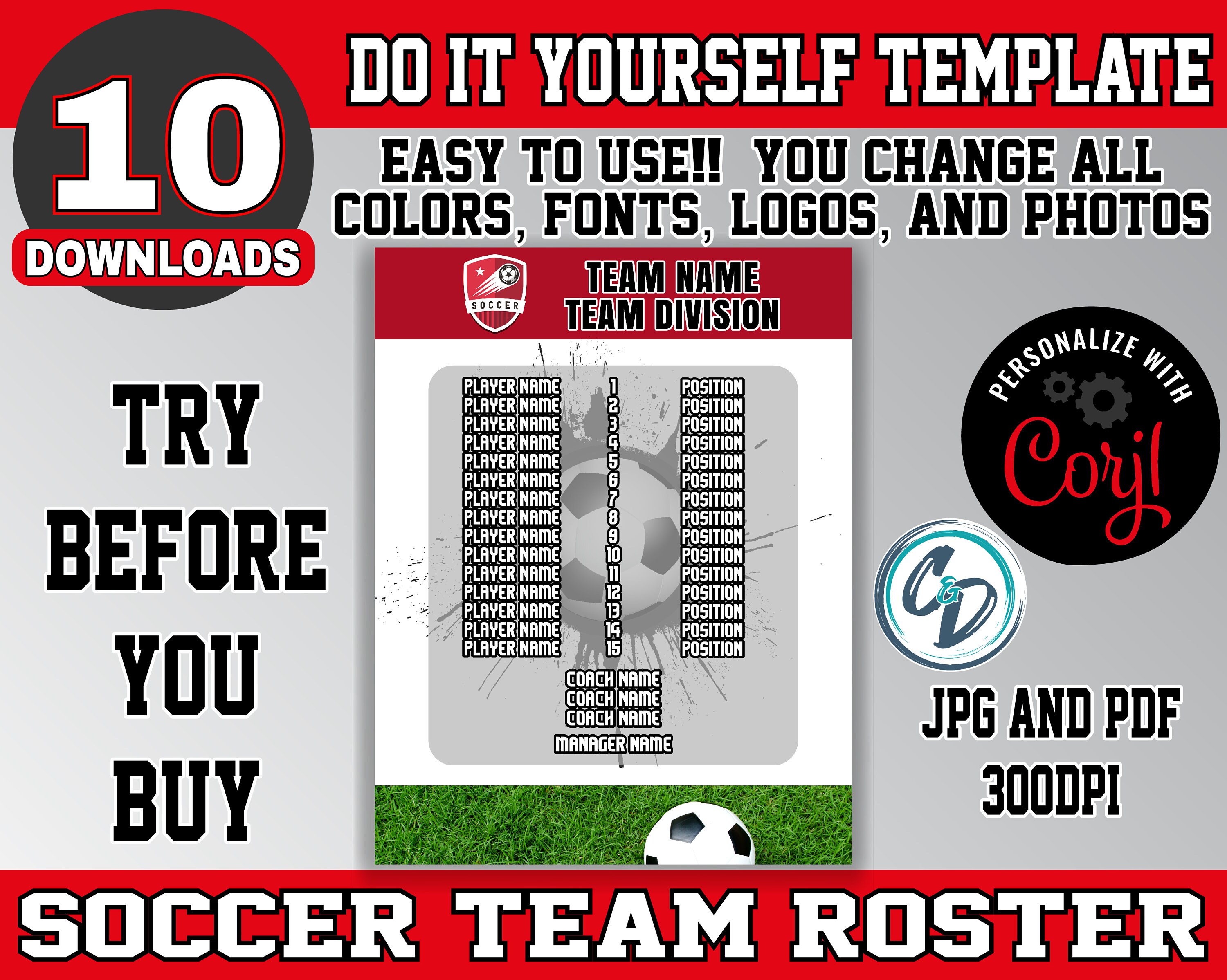 Customizable Soccer Roster Template Pack , 4 Designs Included, Corjl ...