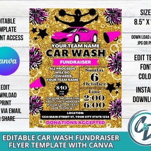 Cheerleader Car Wash Fundraiser Flyer, bearbeitbarer Cheer Car Wash Fundraiser, editierbarer Canva Vorlage Schule Fundraiser Digitaler Download Gold
