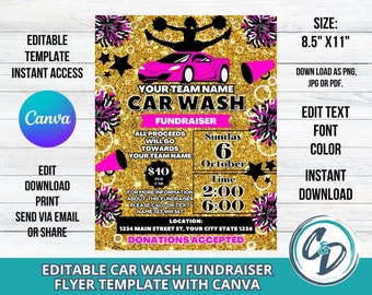 Folleto de recaudación de fondos de Cheerleader Car Wash, recaudación de fondos de Cheer Car Wash editable, plantilla Canva editable para recaudación de fondos escolares Descarga digital Oro