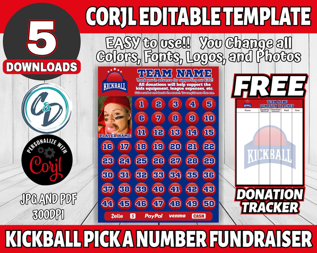 Corjl Editable Kickball Pick a Number Fundraiser, Kickball 150