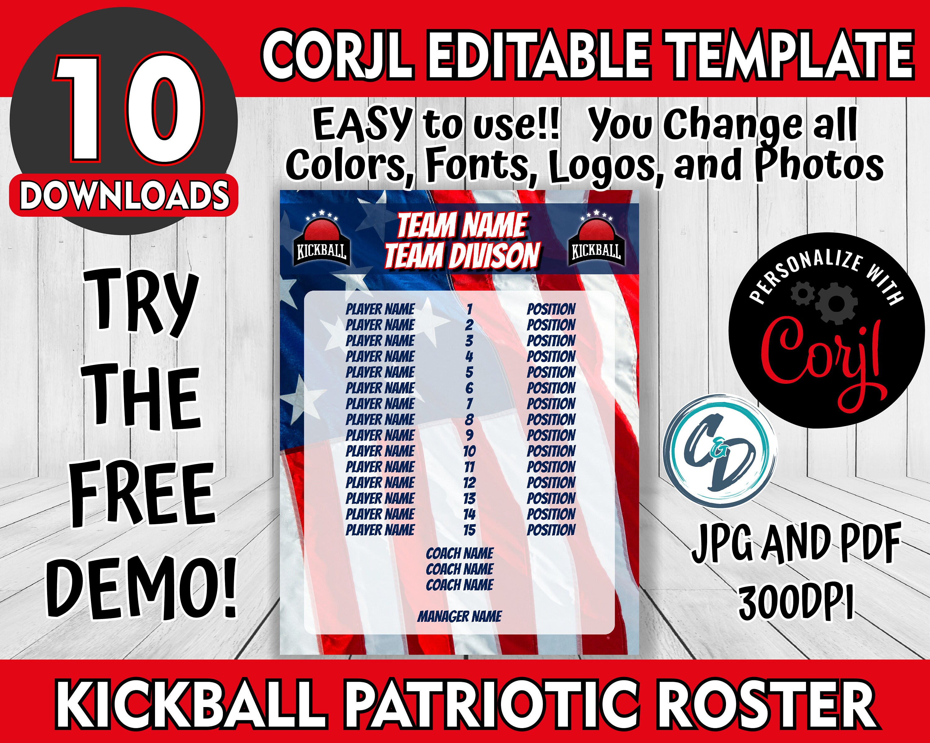Customizable Kickball Roster Template Pack , 4 Designs Included, Corjl ...
