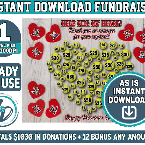 Softball Valentines Pick a Ball Fundraiser, Softball Heart Love Fundraiser, Softball Spring Holiday V-day Fundraiser, Instant Download AS IS