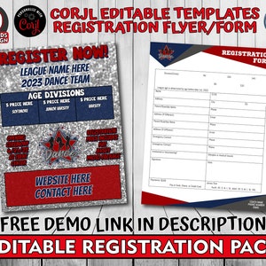 May include: A printable registration flyer and form for a dance team. The flyer has a silver glitter background with red and blue accents. The text on the flyer says "Register Now!" and "2023 Dance Team". The form has a gray background with black text. The text on the form says "Registration Form".