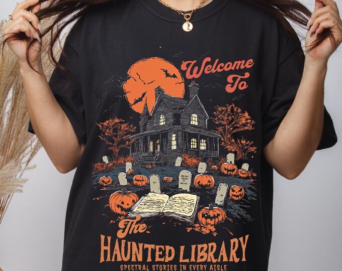 Comfort Colors Welcome To Haunted Library Shirt, Spectral Stories In Every Aisle, Bookish Halloween Shirt, Spooky Fall Apparel,Librarian Tee