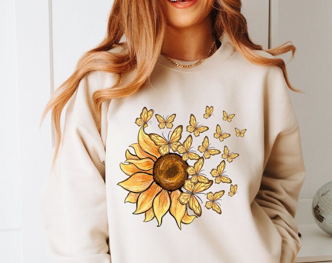 Sunflower Butterfly Sweatshirt, Butterfly Sweatshirt, Mothers Day Gift, Sunflower Hoodie,  Flowers Gift Sweatshirt, Botanical Sweatshirt