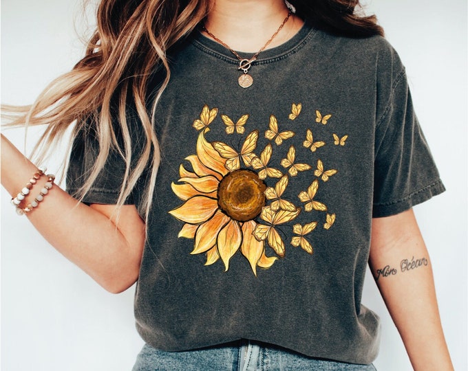 Sunflower Butterfly Shirt, Butterfly Shirt, Mothers Day Gift Shirt, Sunflower Shirt, Floral V-neck, Flowers Gift T-shirt, Botanical Shirt
