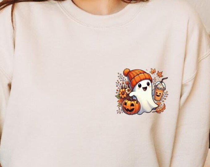 Halloween Ghost Coffee Pocket Size Sweatshirt, Sarcastic Ghost Halloween Hoodie, Spooky Season, Little Ghost Ice Coffee Sweater, Fall Ghost