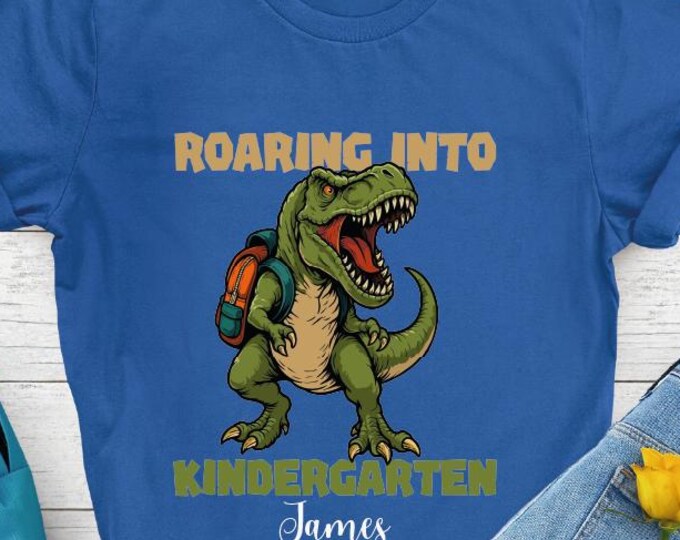 Custom Roaring Into Kindergarten Shirt, Kindergarten T-Rex Kids Shirt, Custom Name Dinosaur Shirt, Boys Kindergarten Shirt,Kindergarten Gift