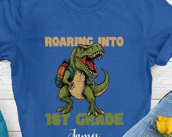 Custom Roaring Into First Grade Shirt, T-Rex 1st Grade Kids Shirt, Custom Name Dinosaur School Shirt, Boys Back To School, Elementary Gift
