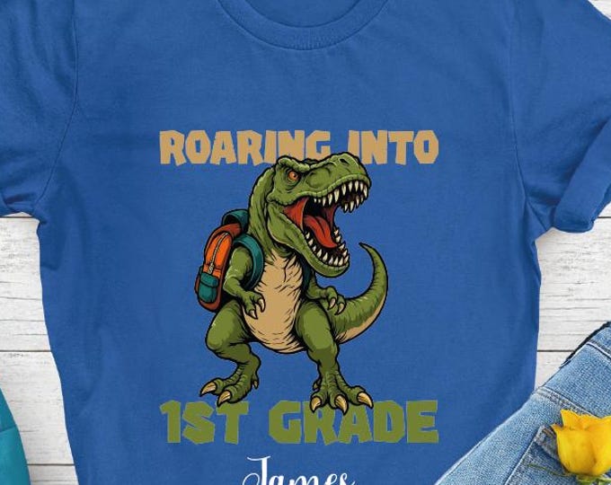 Custom Roaring Into First Grade Shirt, T-Rex 1st Grade Kids Shirt, Custom Name Dinosaur School Shirt, Boys Back To School, Elementary Gift