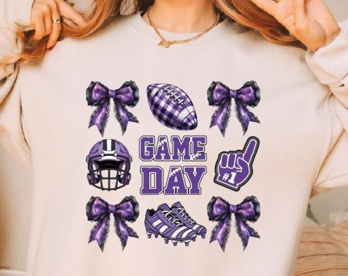 Game Day Football Sweatshirt, Coquette Purple Football Hoodie, Football Game Day, Coquette Purple Bow Hoodie, Trendy Gift for Football Mom