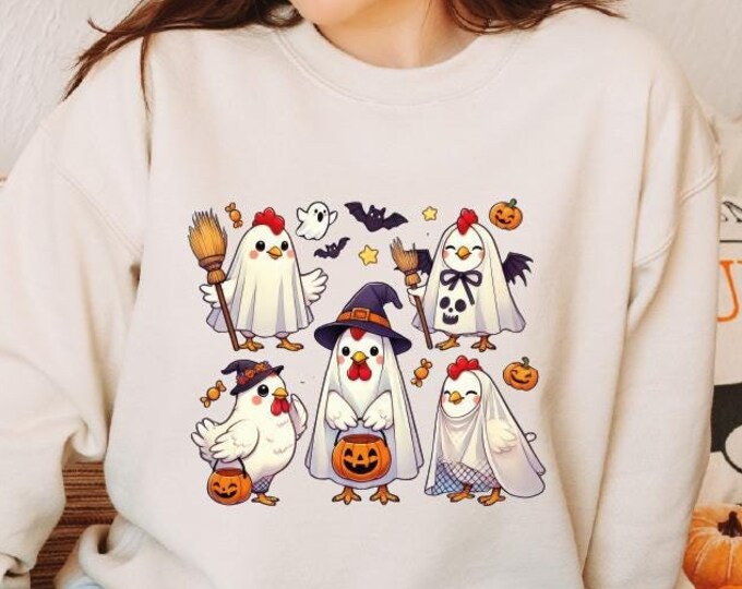 Halloween Chicken Sweatshirt, Halloween Chicken Hoodie, Chicken Lover Gift, Funny Chicken Sweater, Cute Ghost Chickens, Fall Chicken Sweater