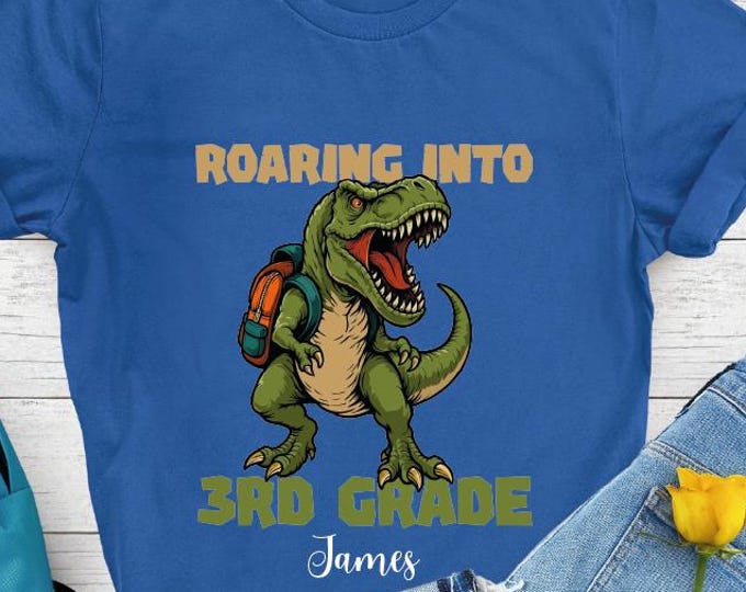 Custom Roaring Into Third Grade Shirt, T-Rex 3rd Grade Kids Shirt, Custom Name Dinosaur School Shirt, Boys Back To School, Elementary Gift