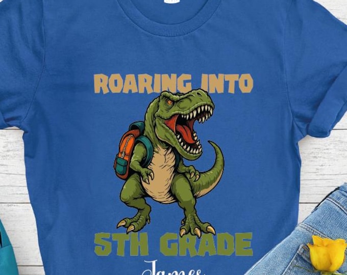 Custom Roaring Into Fifth Grade Shirt, T-Rex 5th Grade Kids Shirt, Custom Name Dinosaur School Shirt, Boys Back To School, Elementary Gift