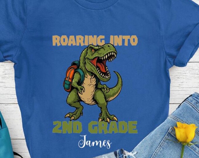 Custom Roaring Into Second Grade Shirt, T-Rex 2nd Grade Kids Shirt, Custom Name Dinosaur School Shirt, Boys Back To School, Elementary Gift