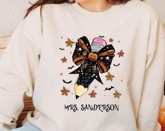 Custom Teacher Name Fall Sweatshirt, Custom Halloween Teacher Hoodie, Back To School Teachers Sweater, Showy Halloween Teacher Pencils Shirt