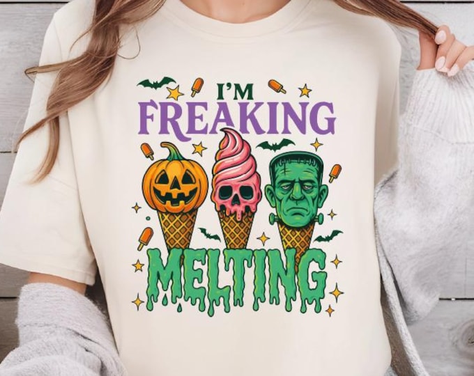 Summerween Melting Ice Cream Halloween Shirt, I'm Freaking Melting Halloween Shirt, Cute Spooky Pumpkin Ghost Frankenstein, Summer Halloween