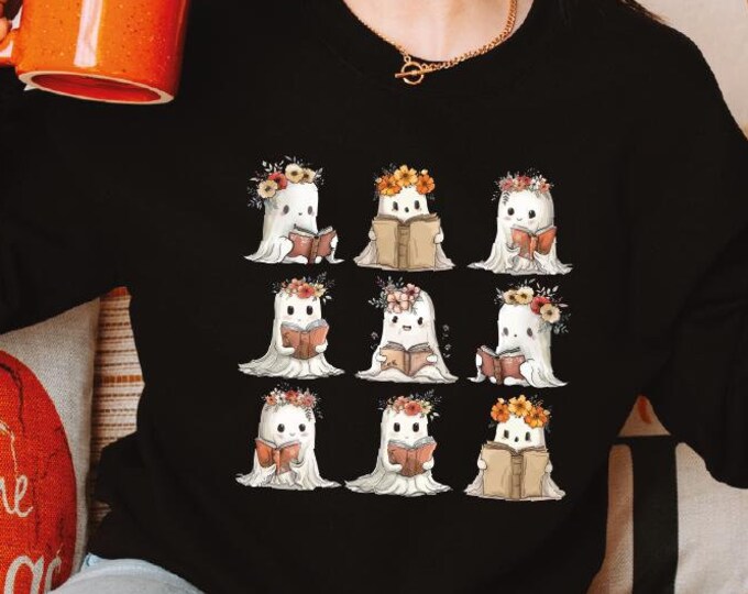 Halloween Floral Ghost Sweatshirt, Vintage Floral Ghost Hoodie, Halloween Unisex Sweater, Cute Ghost Floral Book Lover Halloween Sweatshirt