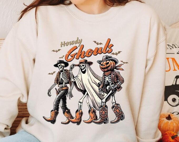 Howdy Ghouls Halloween Sweatshirt, Halloween Western Sweatshirt, Western Halloween Pumpkin Hoodie, Cowboy Skeleton Sweater, Fall Skeleton