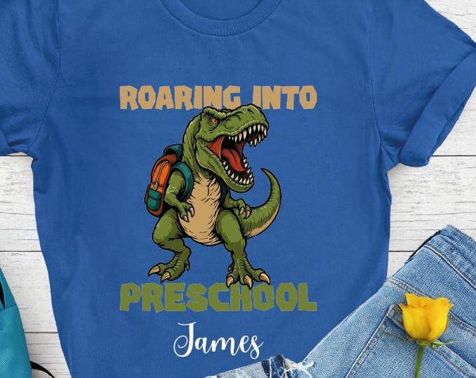 Custom Roaring Into Preschool Shirt, T-Rex Preschool Kids Shirt, Custom Name Dinosaur Pre-k Shirt, Boys Pre-k Back To School, Preschool Gift