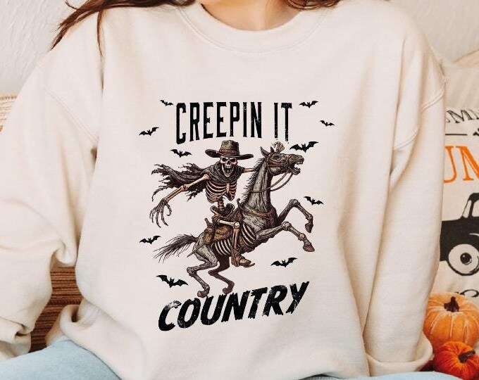 Halloween Retro Sweatshirt, Retro Creepin It Country Rodeo Sweater, Creepin It Country Hoodie, Rodeo Cowboy Horse Halloween, Cowboy Skeleton