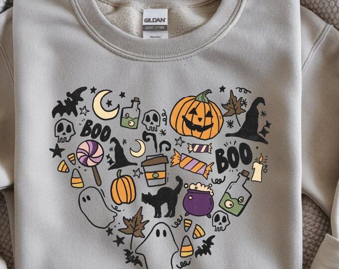 Halloween Doodle Heart Sweatshirt, Pumpkin Doodle Sweater, Halloween Doodle Ghost Hoodie, Retro Halloween Heart Sweatshirt, Cute Fall Doodle