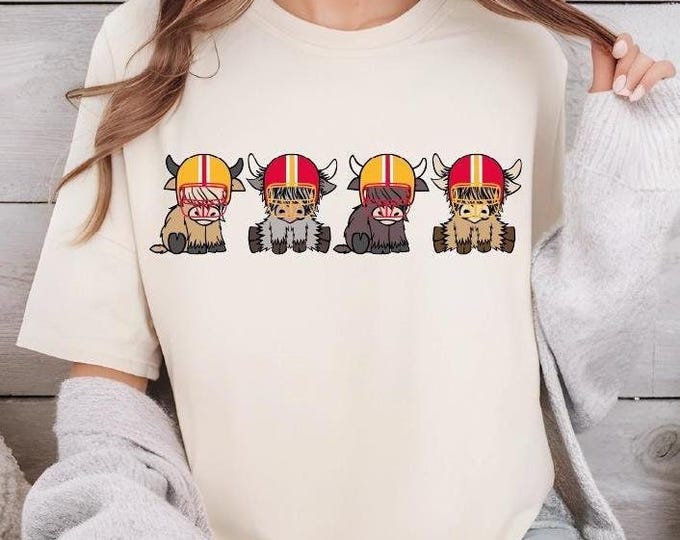 Kansas City Football Shirt, Kansas City Football Highland Cow Shirt, KC Football Cow Helmets Shirt, Kansas City Tshirt, Game Day Gift Shirt