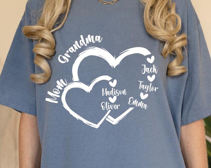 Custom Mama Shirt, Custom Mom Comfort Colors Shirt, Shirt with Kids Names, Gift for Mom Grandma, Mom Heart Shirt, Custom Grandma Shirt