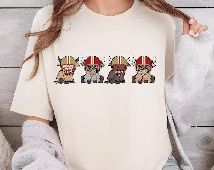 San Francisco Football Shirt, San Francisco Highland Cow Football Shirt, San Francisco Fan Gift Tee, San Francisco Helmets Shirt, Sports Fun