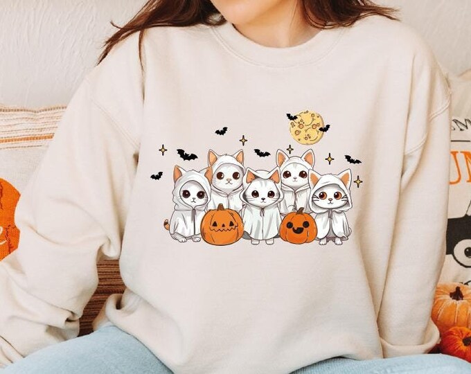 Ghost Cat Halloween Sweatshirt, Halloween Cat Sweater, Ghost Cats and Pumpins Halloween Hoodie, Funny Cat Sweater, Halloween Cat Pumpkin