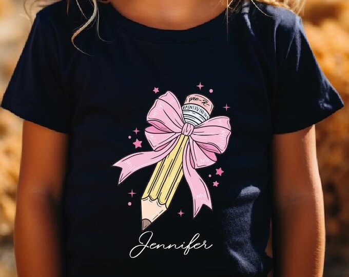 Back To School Kids Shirt, Personalized Kid Name Shirt, Pencil Bow Shirt For Girl, Custom Kindergarten Kids Shirt, First Day Of School Shirt