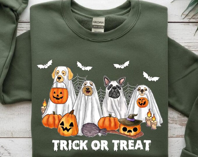 Trick or Treat Halloween Sweatshirt, Trick or Treat Sweater, Halloween Dogs Trick-Or-Treat Sweater, Funny Dogs Halloween Hoodie, Gift Her