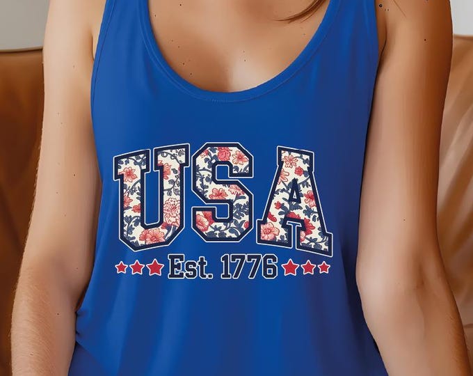 Floral USA Racerback Tank, 4th of July Shirt for Women, America Est 1776 Tee, Patriotic Outfit, Summer BBQ Shirt USA Red White Blue Shirt