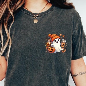 Comfort Colors Halloween Ghost Coffee Pocket Size T-shirt, Fall Ghost Halloween Shirt, Spooky Season Shirt, Little Ghost Ice Coffee Shirt