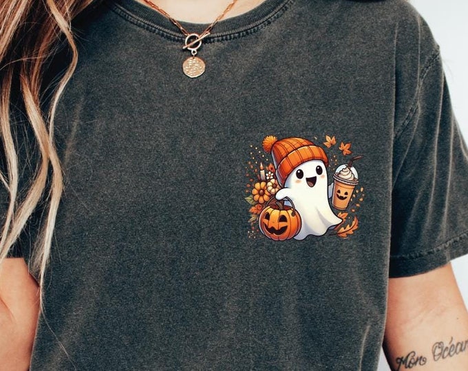 Comfort Colors Halloween Ghost Coffee Pocket Size T-shirt, Fall Ghost Halloween Shirt, Spooky Season Shirt, Little Ghost Ice Coffee Shirt