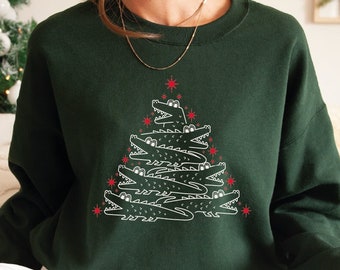 Crocodile Sweatshirt: Funny Gator Christmas Tree Design - Florida Louisiana Holiday Hoodie, Women's