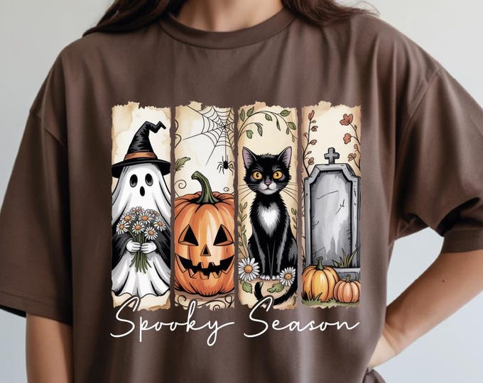 Comfort Colors Spooky Season Shirt, Halloween Brushstroke T-Shirt, Trendy Coquette Shirt, Black Cat Tee, Trendy Fall TShirt, Scary Halloween