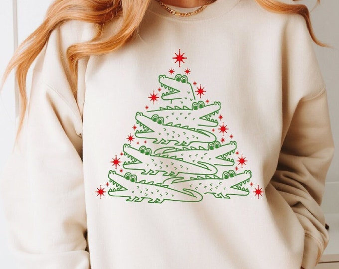 Alligator Sweatshirt,Christmas Tree Sweatshirt,Crocodile Sweater,Louisiana Florida Christmas Hoodie, Xmas, Funny Animal Christmas Sweatshirt