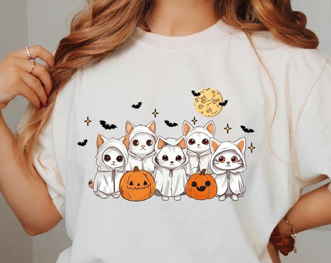 Ghost Cat Halloween Shirt, Halloween Cat Shirt, Ghost Cats and Pumpins Halloween Shirt, Funny Cat Shirt, Halloween Witch Shirt, Cat Pumpkin